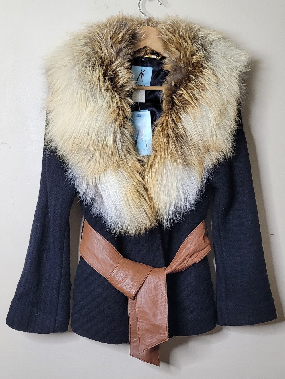 Marciano Wool Coat Red Fox Fur Collar Leather Belt NWT - Picture 2 of 13